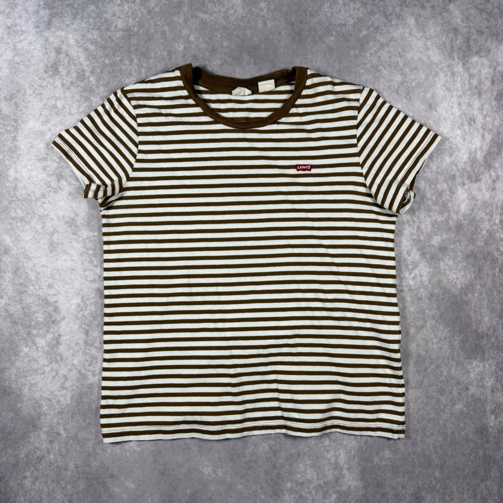 Levis Womens Brown White Striped Short Sleeve Crew Neck T-Shirt Size M Classic